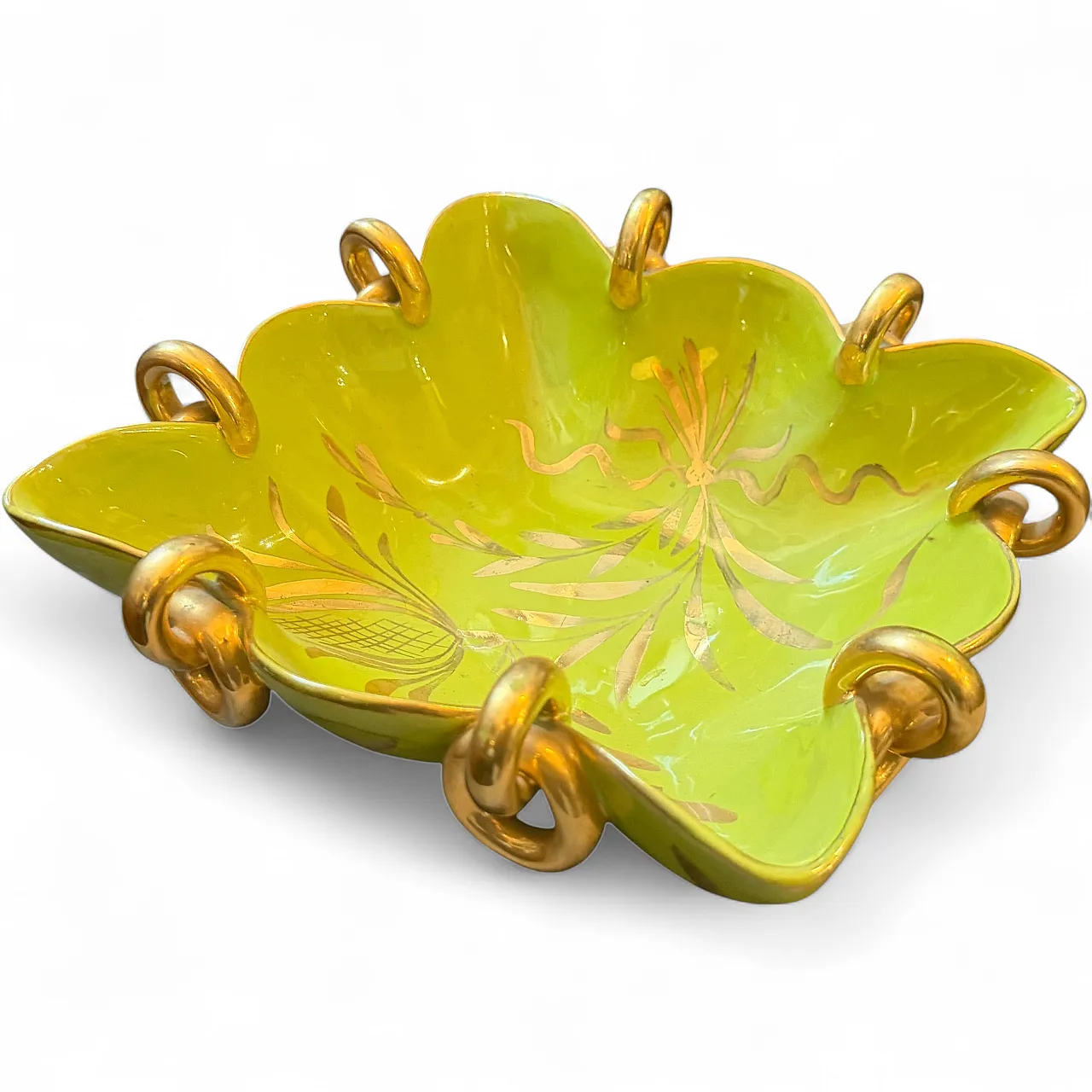 Gio Ponti style green and gold ceramic square bowl by Essepi, 1950s 14