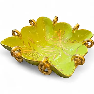 Gio Ponti style green and gold ceramic square bowl by Essepi, 1950s