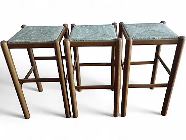 3 wooden bar stools with straw seats, 80s