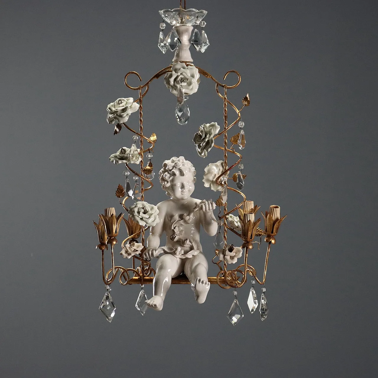 Chandelier in iron and golden sheet metal and ceramic, 20th century 1