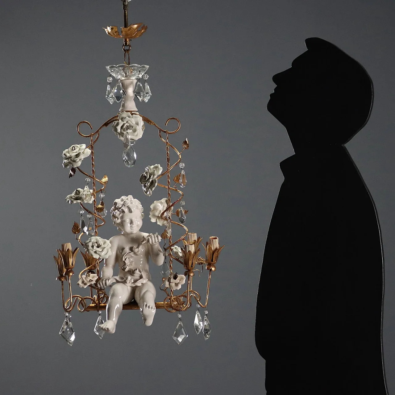 Chandelier in iron and golden sheet metal and ceramic, 20th century 2