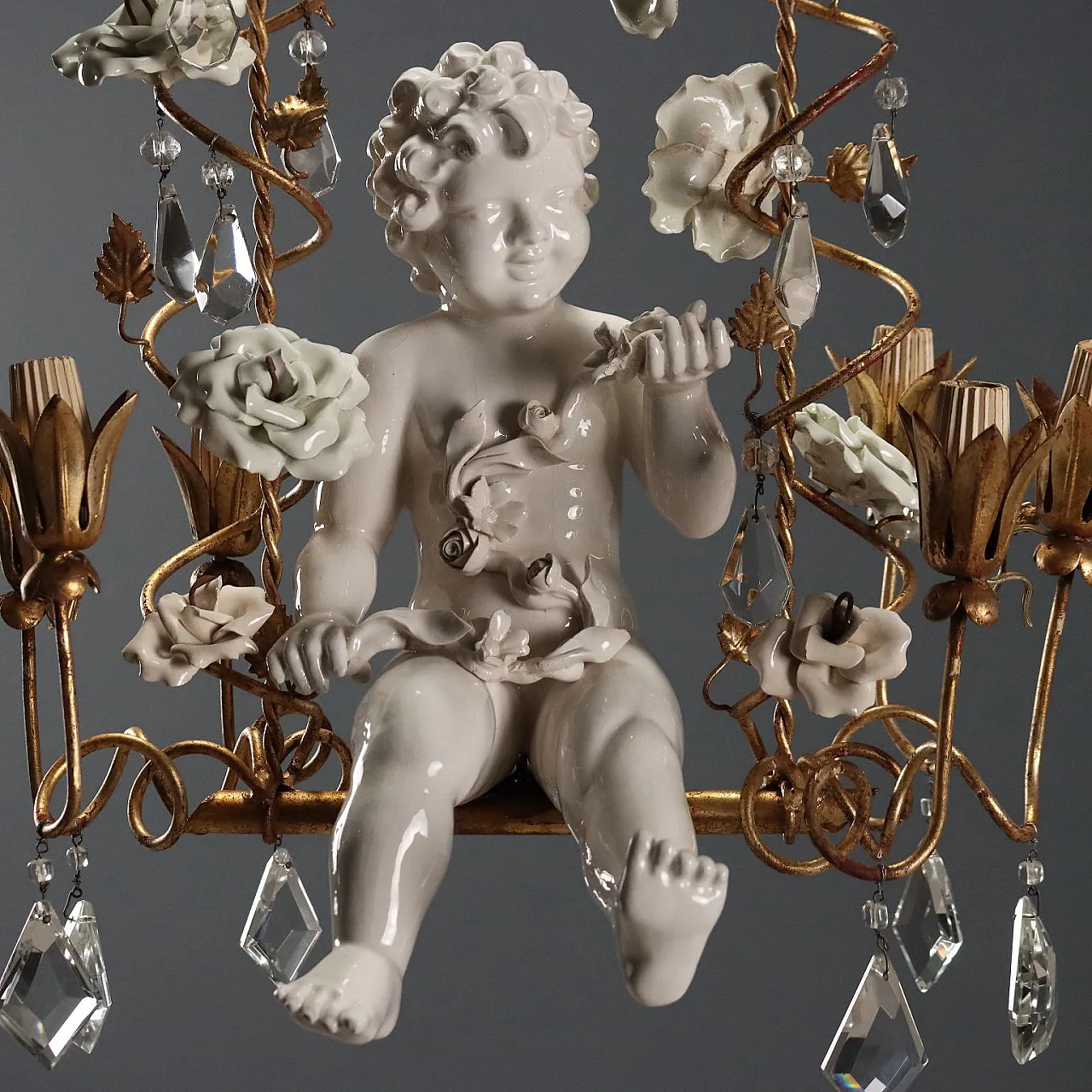 Chandelier in iron and golden sheet metal and ceramic, 20th century 3