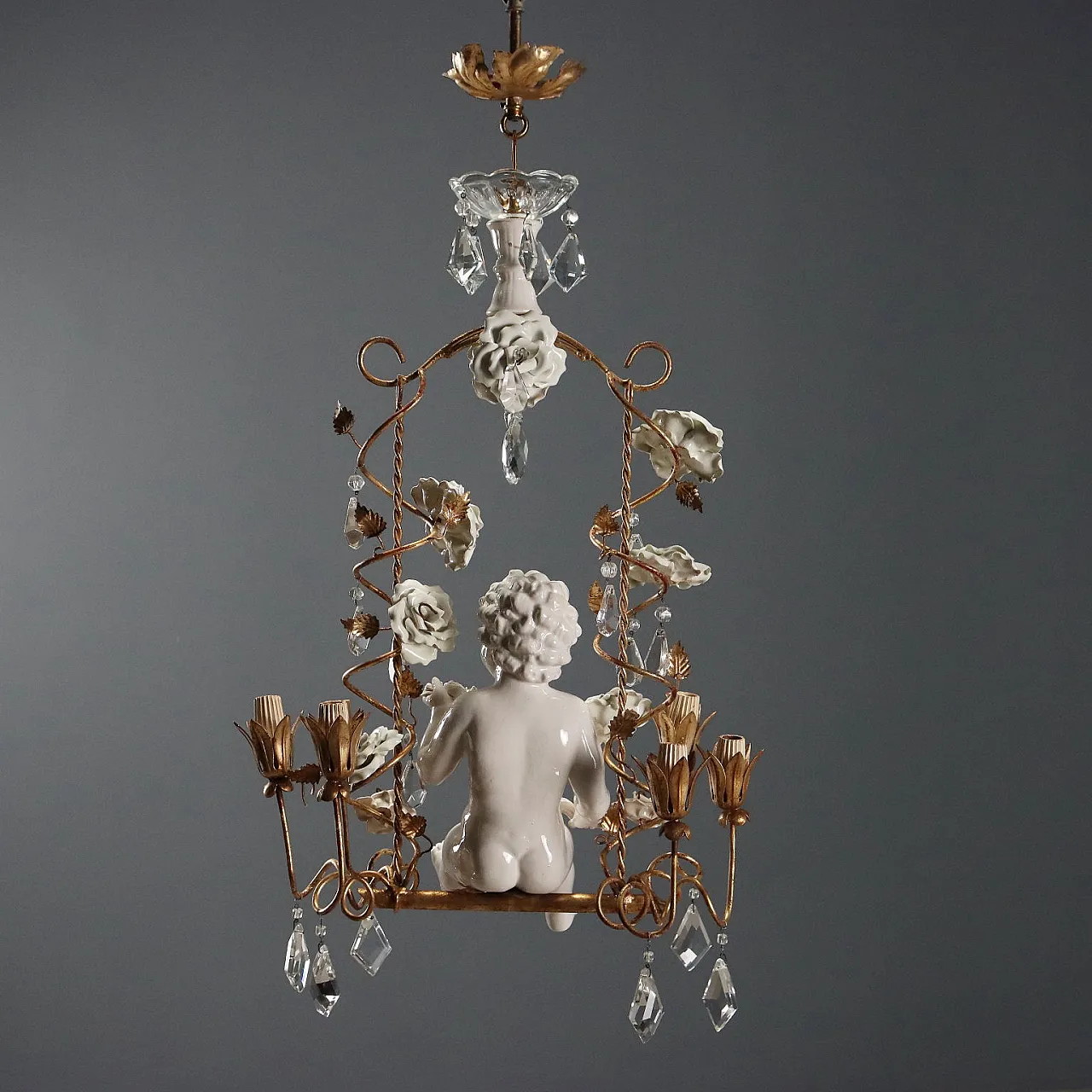 Chandelier in iron and golden sheet metal and ceramic, 20th century 9