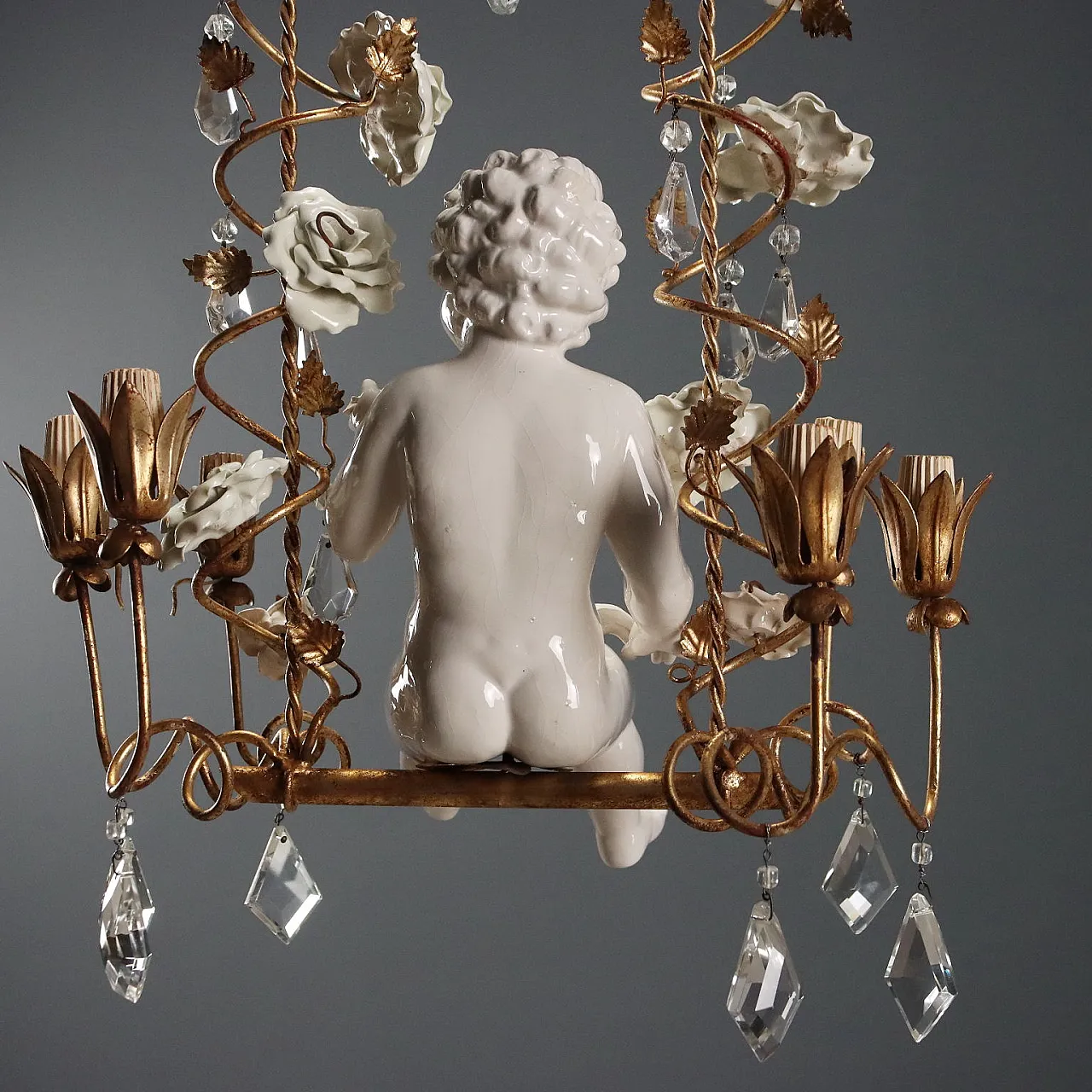 Chandelier in iron and golden sheet metal and ceramic, 20th century 10