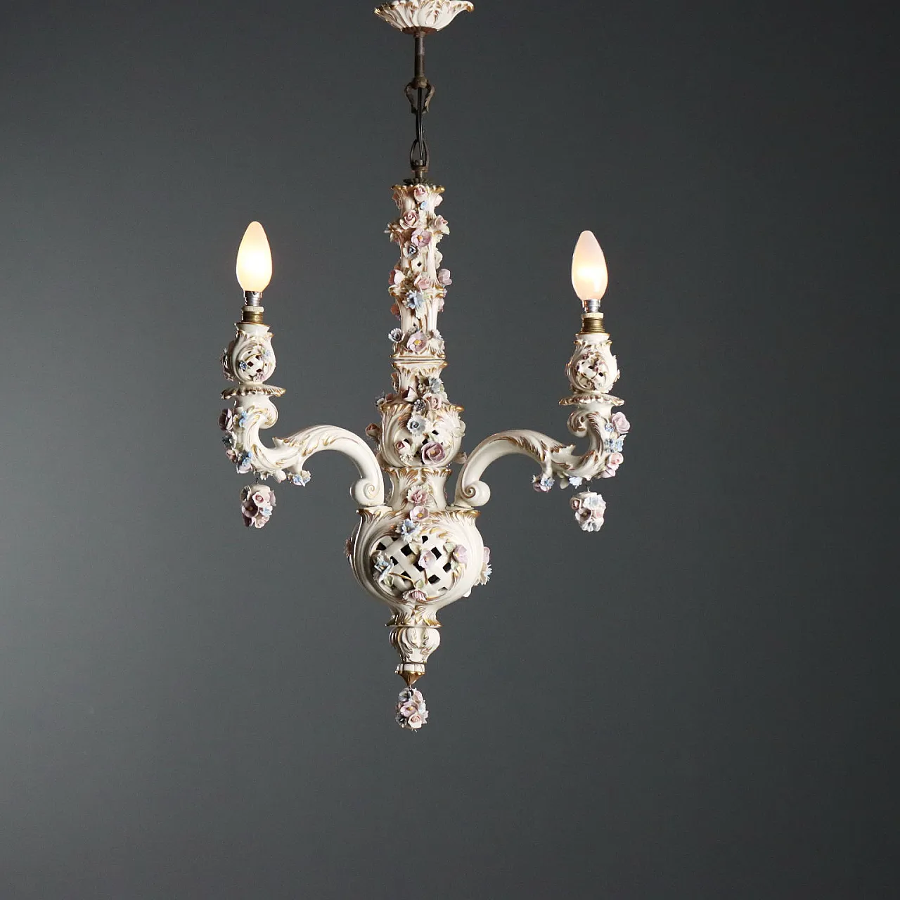 Ceramic chandelier with floral subjects, 20th century 3