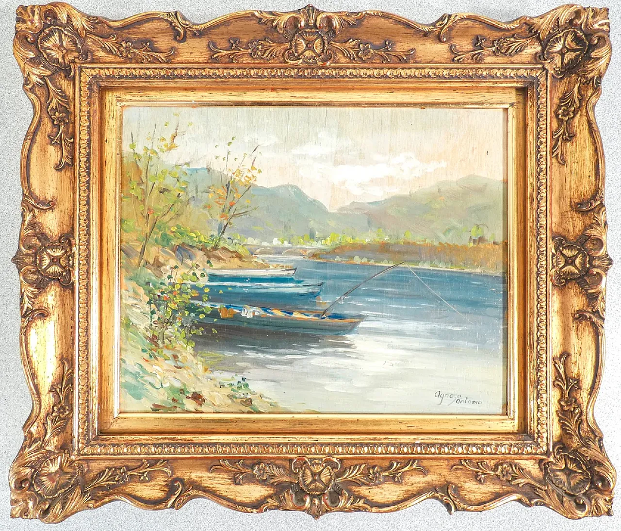 Lake landscape by Antonio Agnese, oil on panel, 20th century 1
