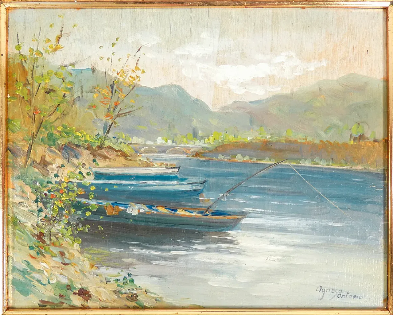 Lake landscape by Antonio Agnese, oil on panel, 20th century 2