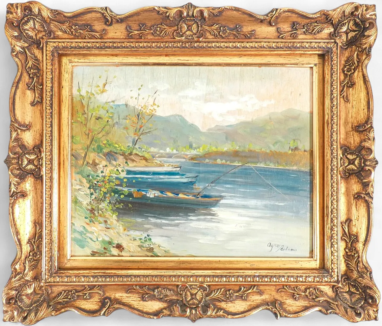 Lake landscape by Antonio Agnese, oil on panel, 20th century 6