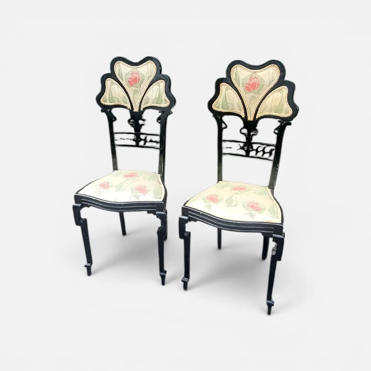 Pair of blackened wooden chairs with 3-petal backrests, 20th century 1