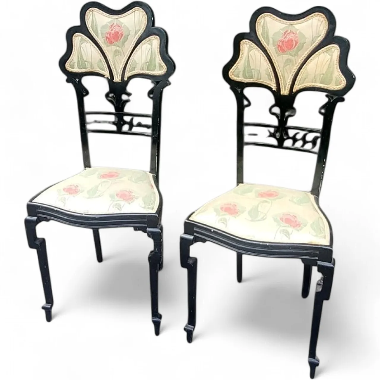 Pair of blackened wooden chairs with 3-petal backrests, 20th century 12