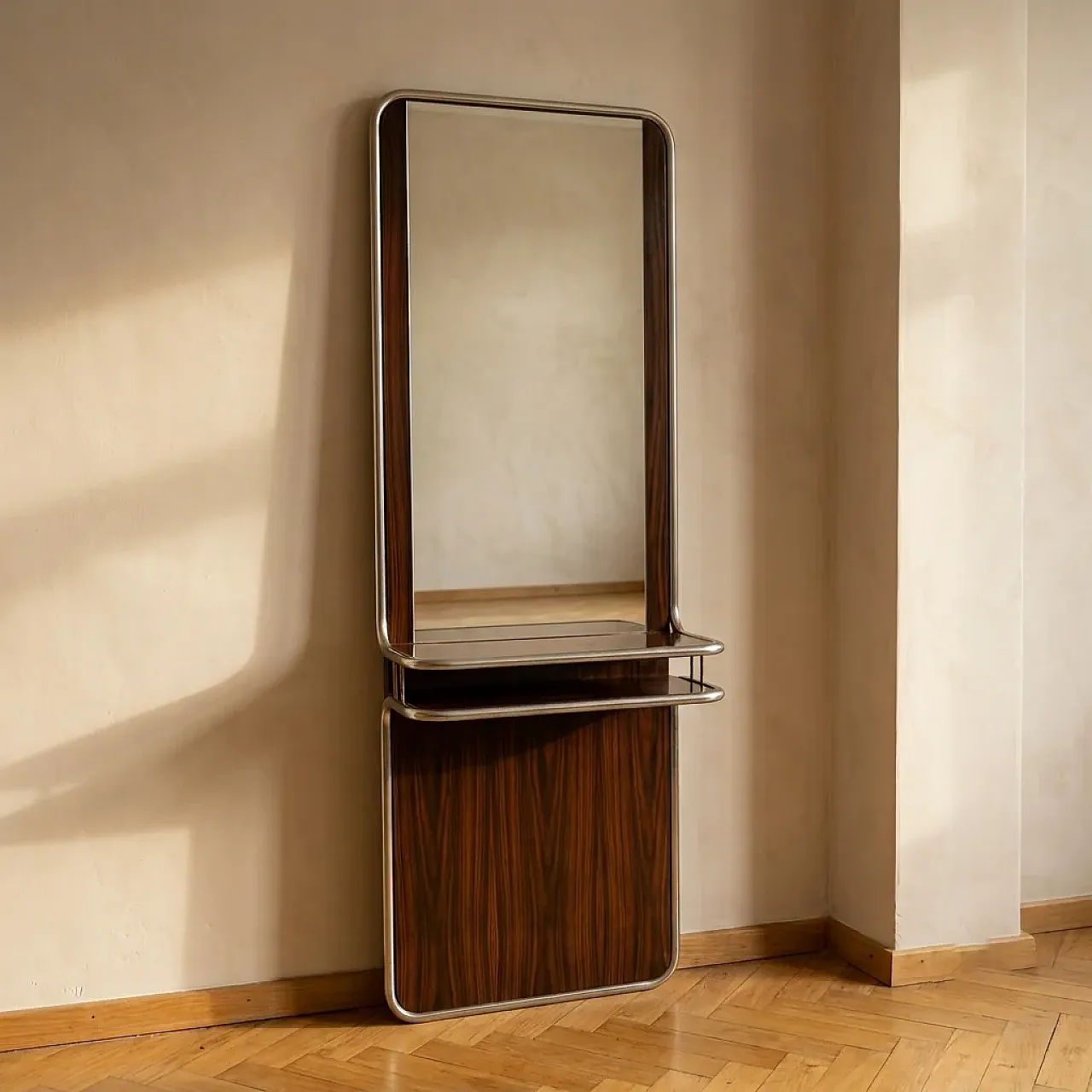 Consolle da parete in cromo e palissandro con specchio, anni '70 1