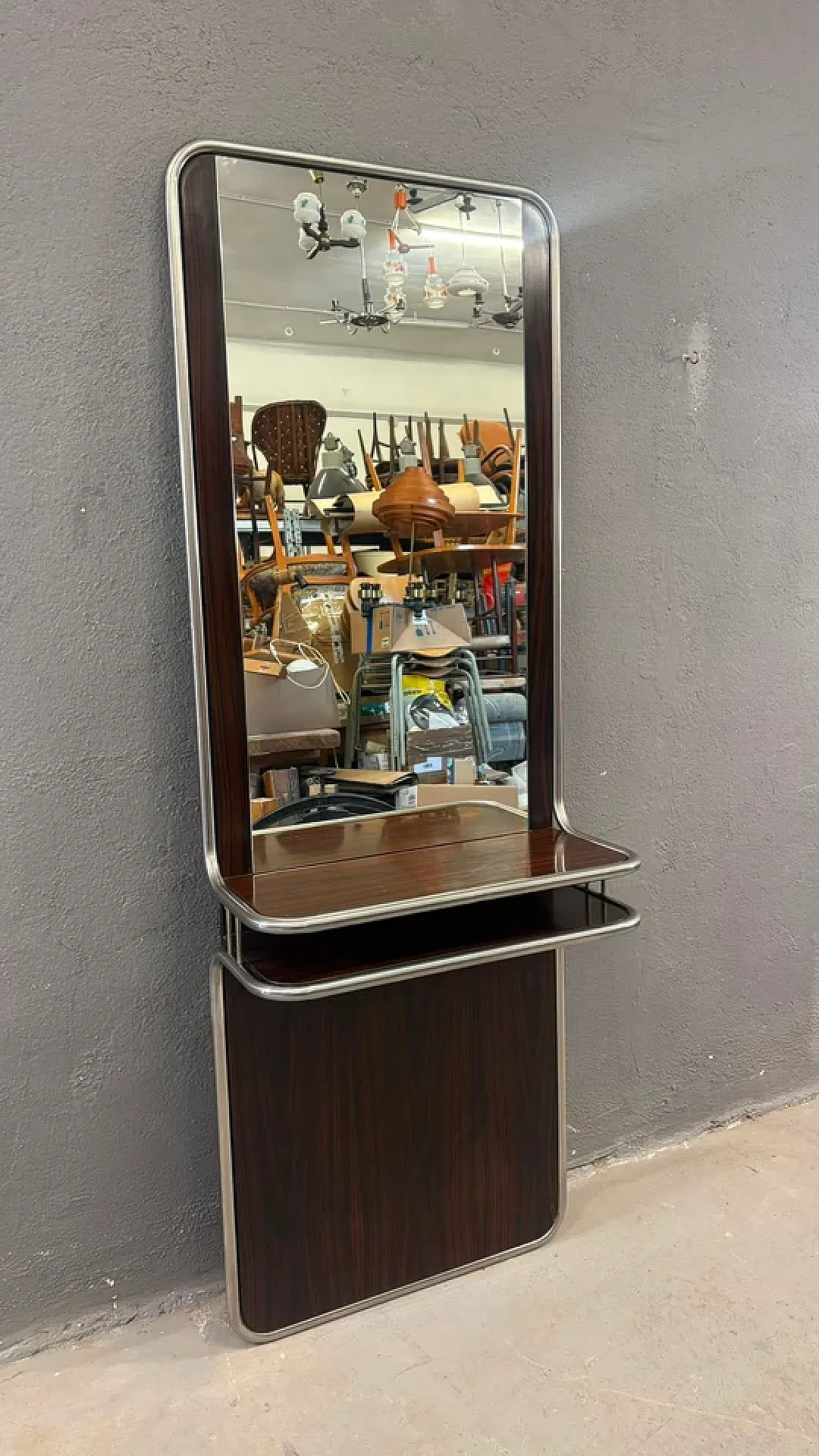 Consolle da parete in cromo e palissandro con specchio, anni '70 3