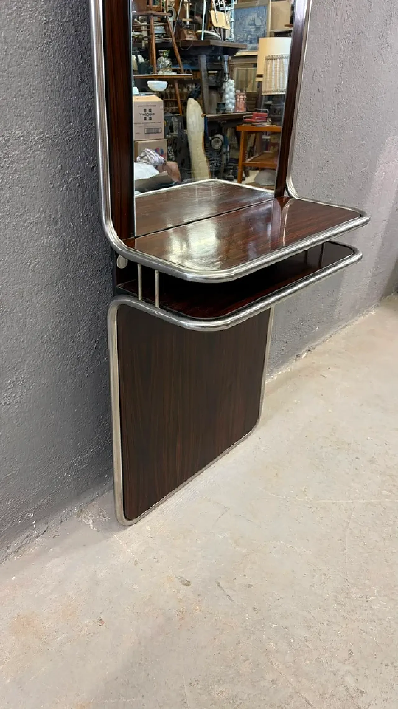 Consolle da parete in cromo e palissandro con specchio, anni '70 4