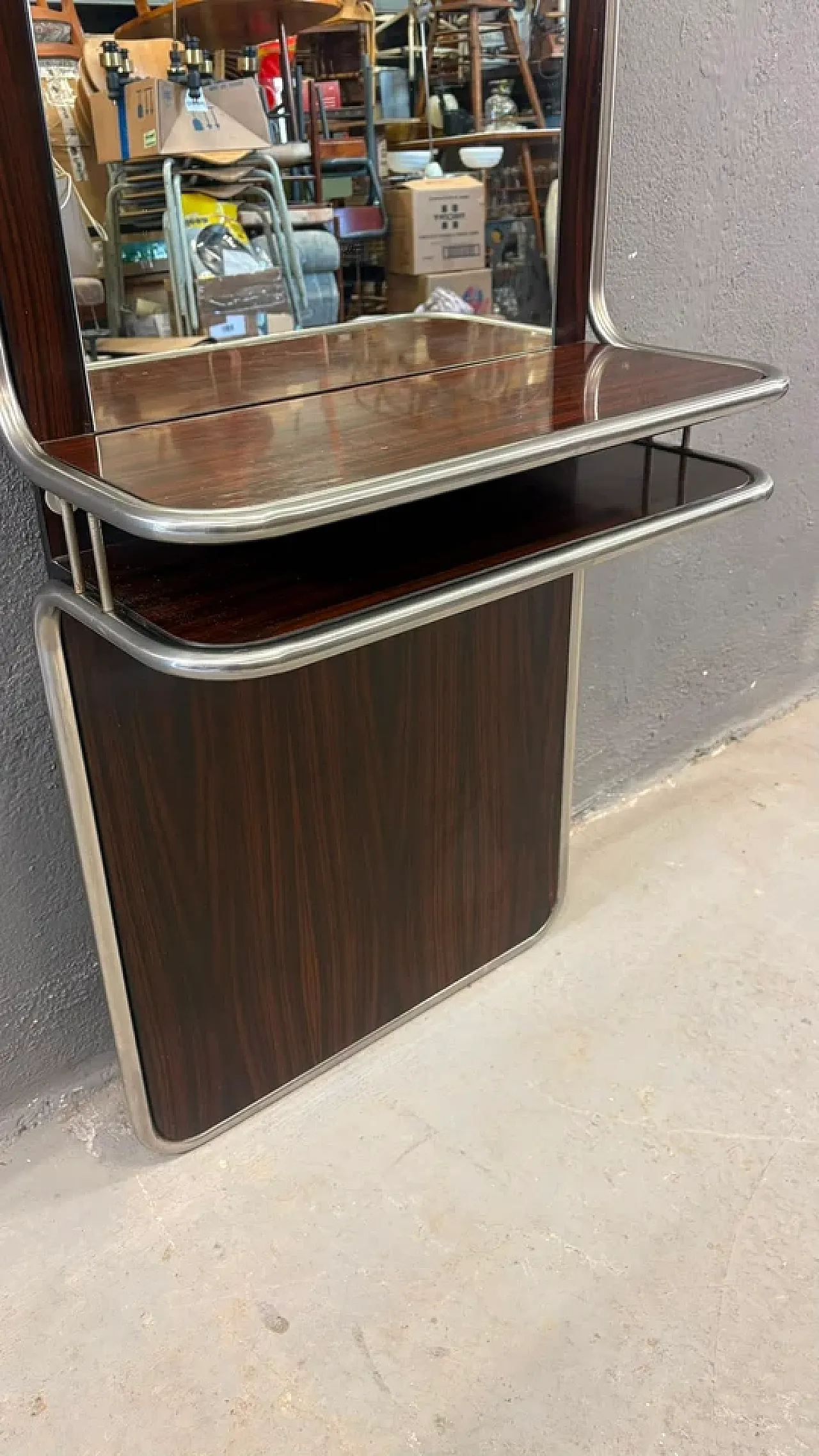 Consolle da parete in cromo e palissandro con specchio, anni '70 5
