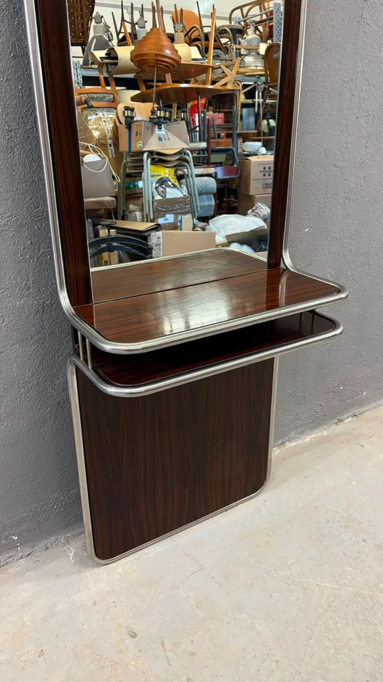 Consolle da parete in cromo e palissandro con specchio, anni '70 9