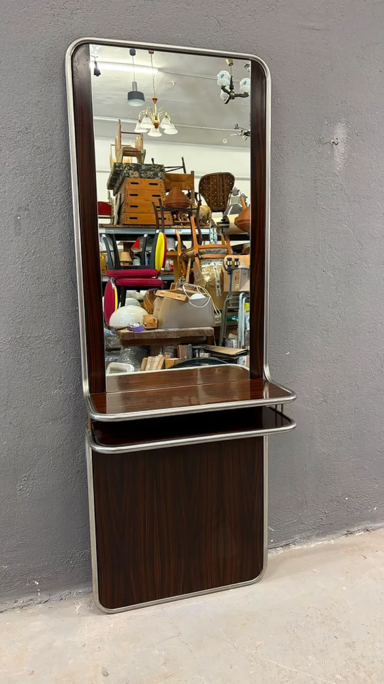 Consolle da parete in cromo e palissandro con specchio, anni '70 11