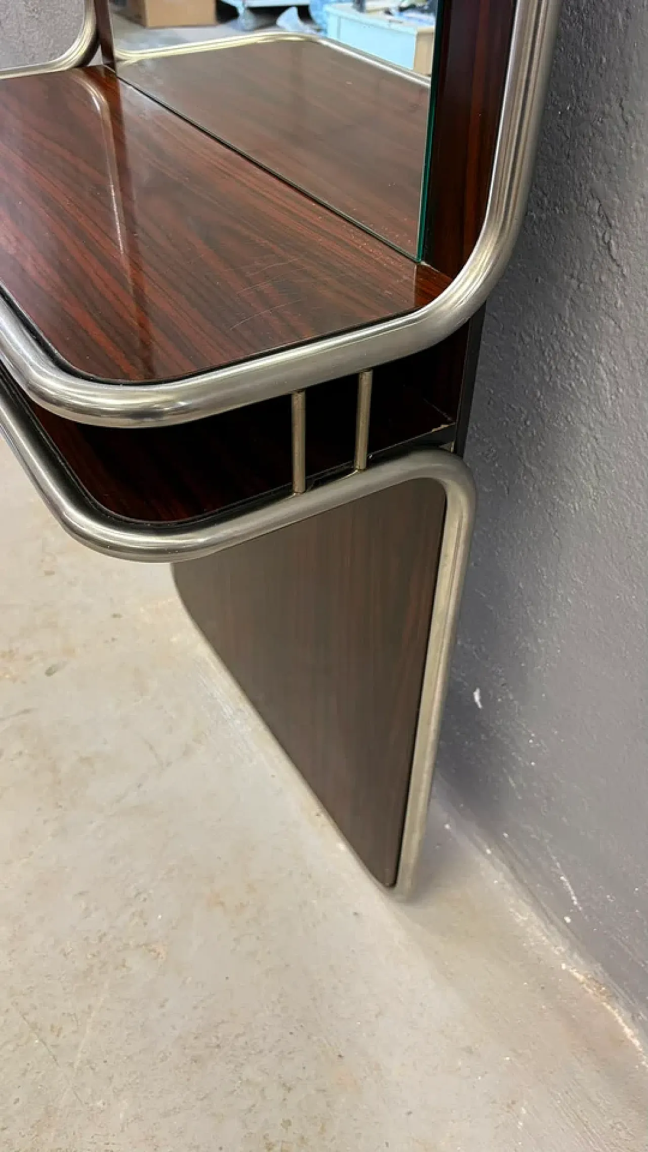 Consolle da parete in cromo e palissandro con specchio, anni '70 12