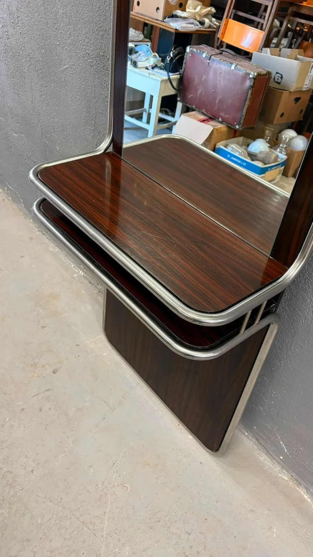 Consolle da parete in cromo e palissandro con specchio, anni '70 15