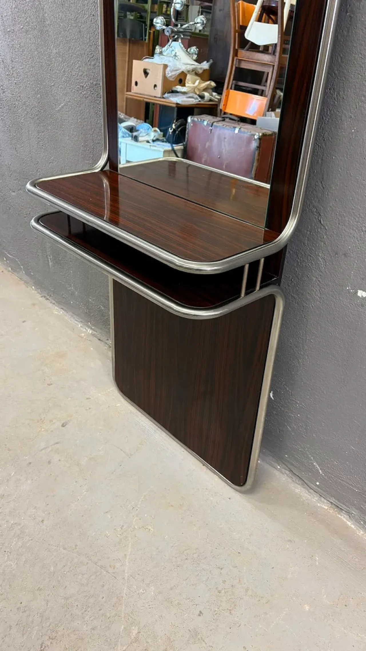 Consolle da parete in cromo e palissandro con specchio, anni '70 17