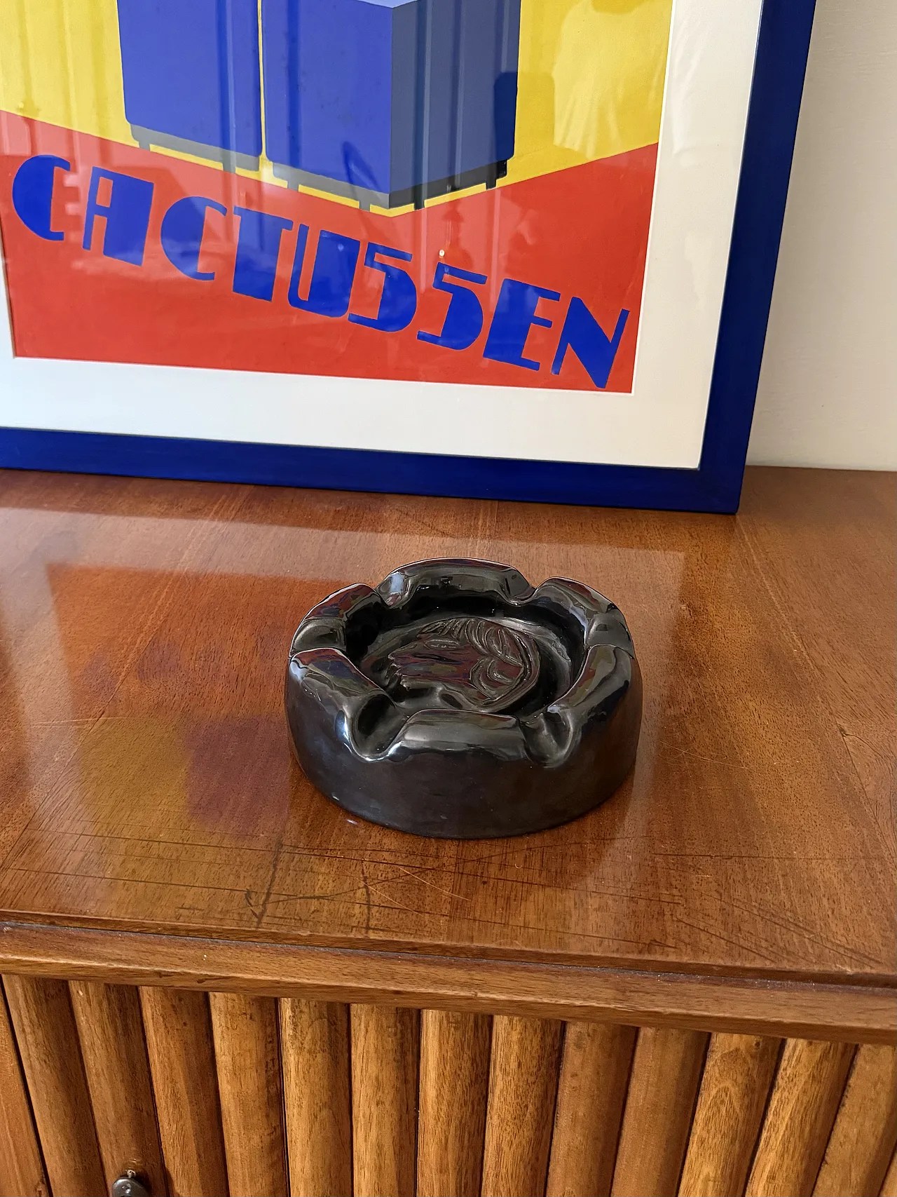 Mid-century black glazed ceramic ashtray, Accolay France 1960 2