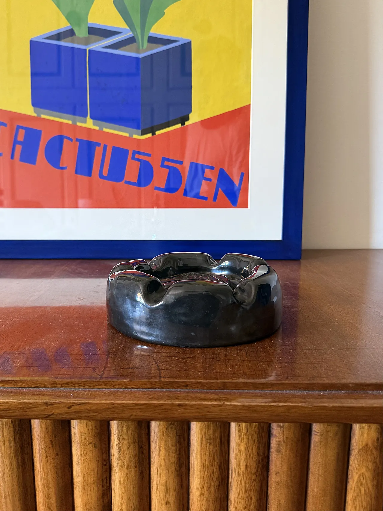 Mid-century black glazed ceramic ashtray, Accolay France 1960 3