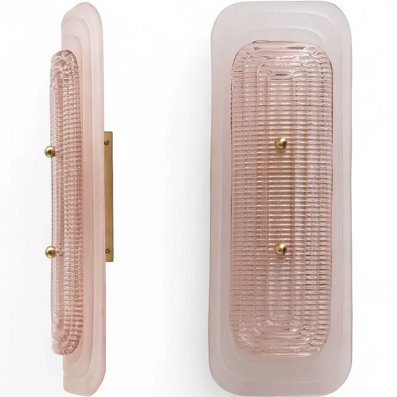 Pair of Art Deco wall lights in pink Murano glass and brass, 2000s 8