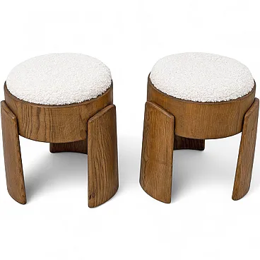 Pair of upholstered Art Deco style ash wood stools, 2000s