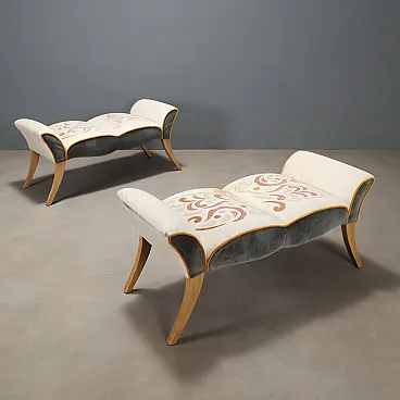 Pair of beech and embroidered fabric benches, 20th century