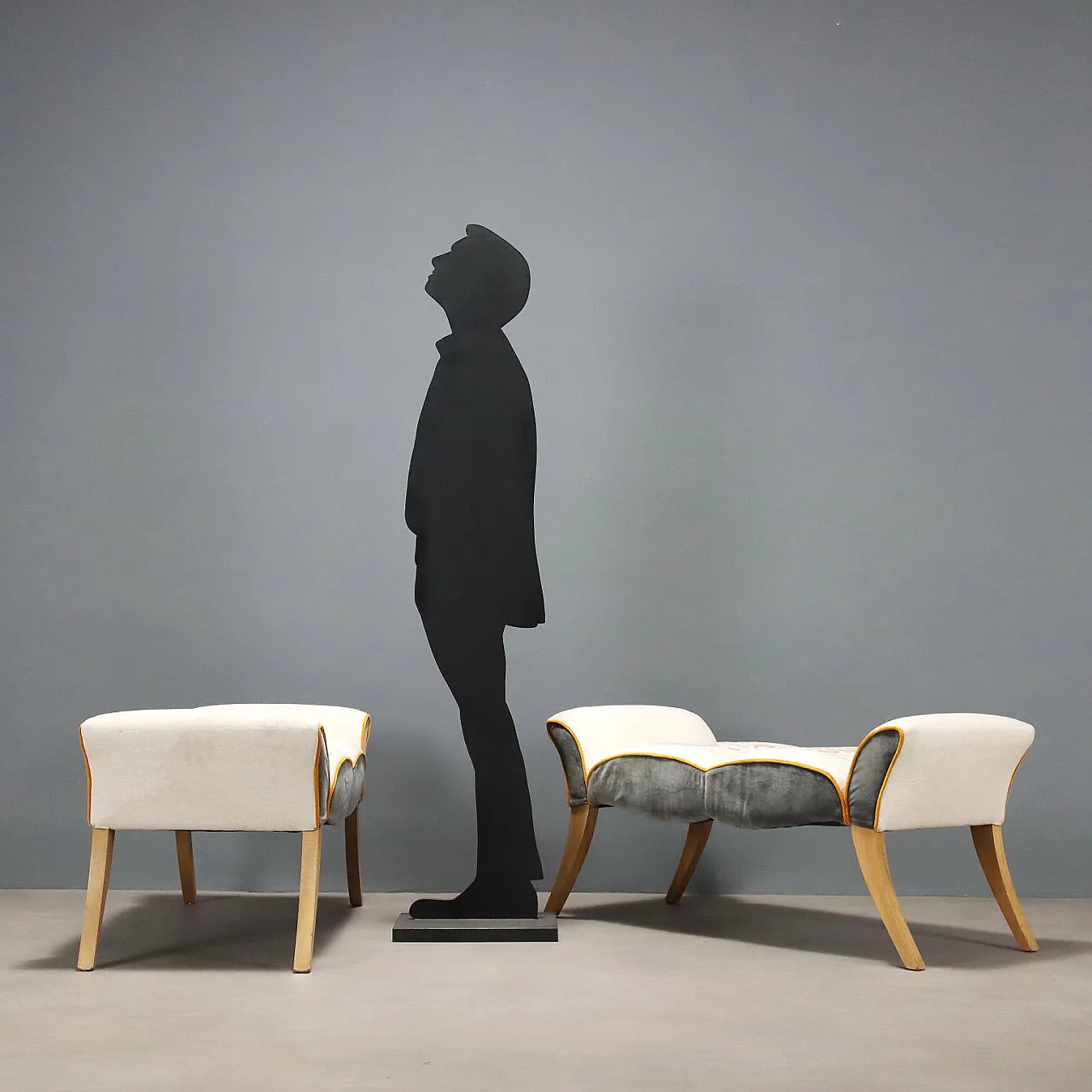 Pair of beech and embroidered fabric benches, 20th century 2