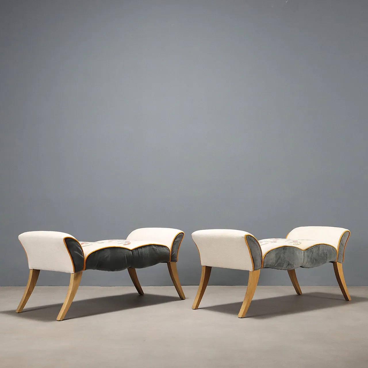 Pair of beech and embroidered fabric benches, 20th century 7