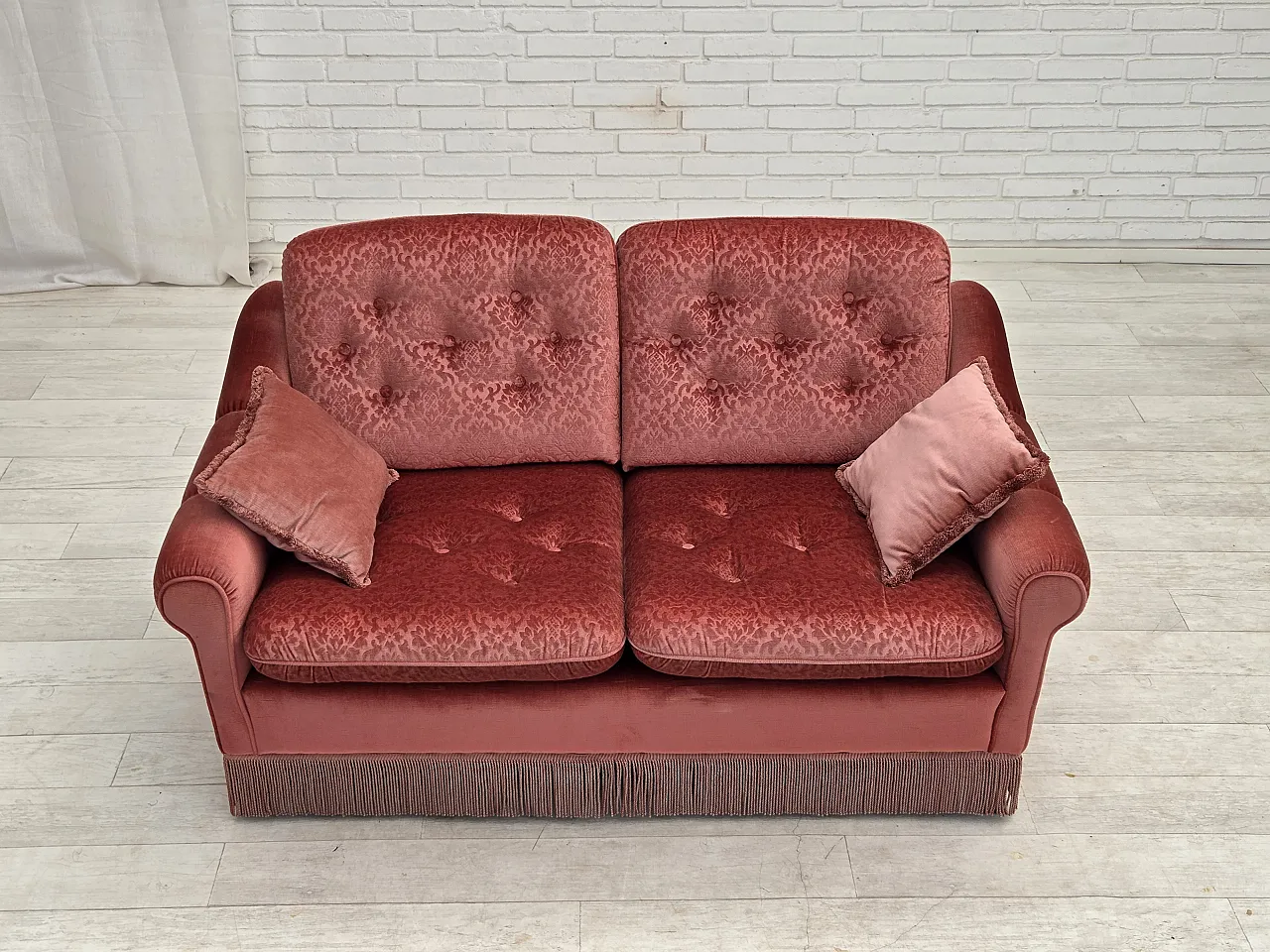 Anni '80, divano scandinavo a 2 posti, mobili in velluto rosa. 2