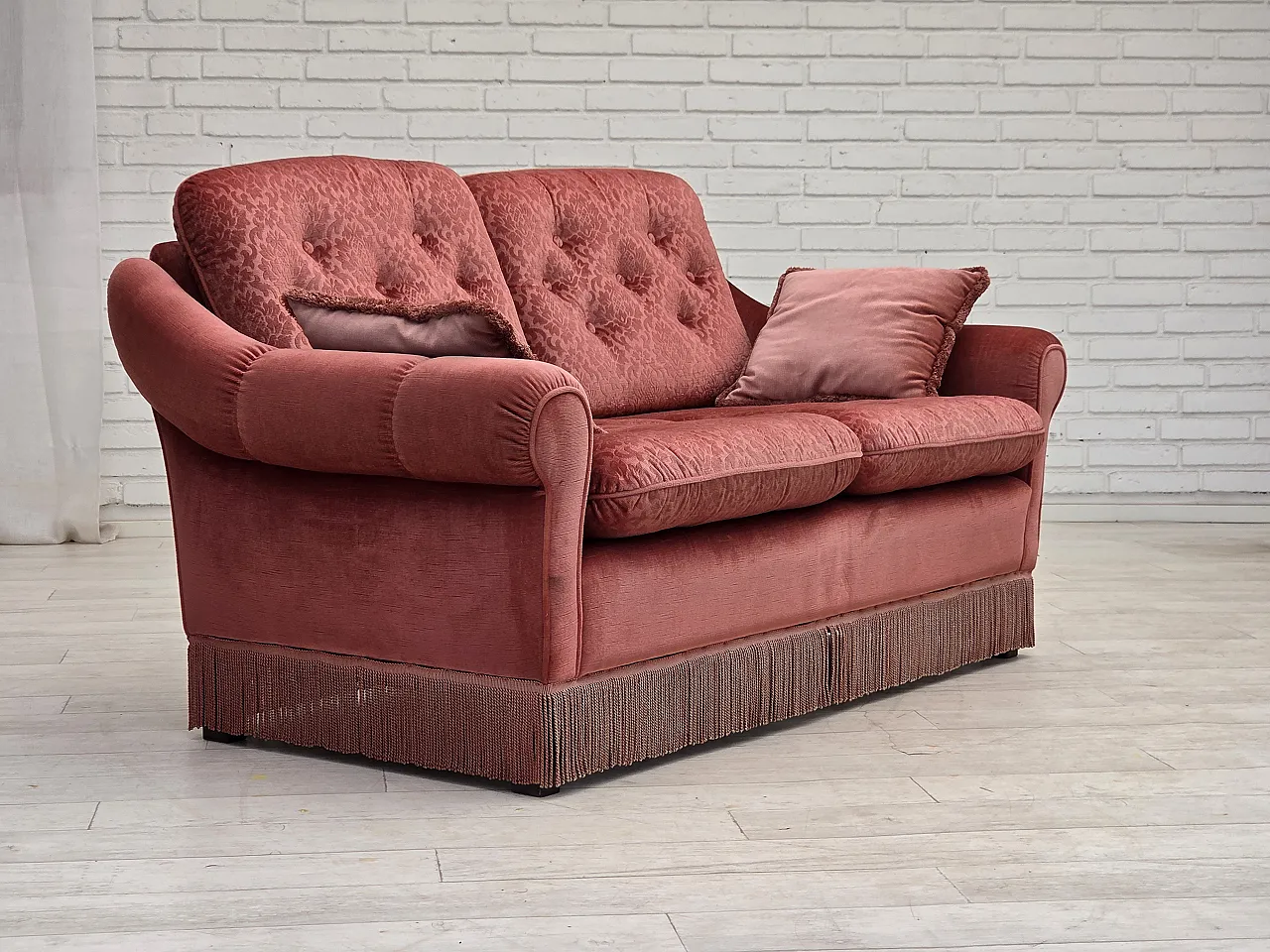 Anni '80, divano scandinavo a 2 posti, mobili in velluto rosa. 6