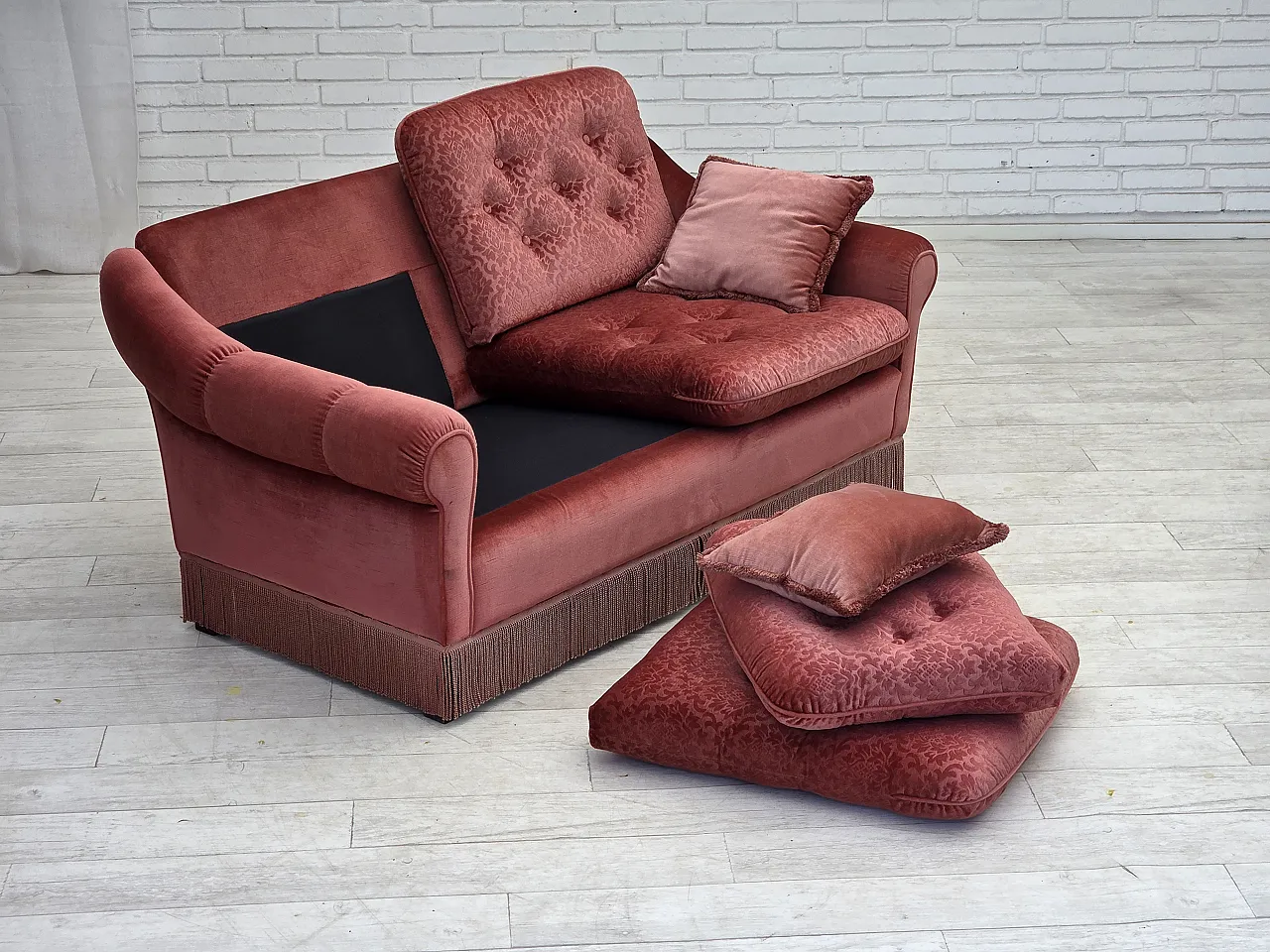 Anni '80, divano scandinavo a 2 posti, mobili in velluto rosa. 9