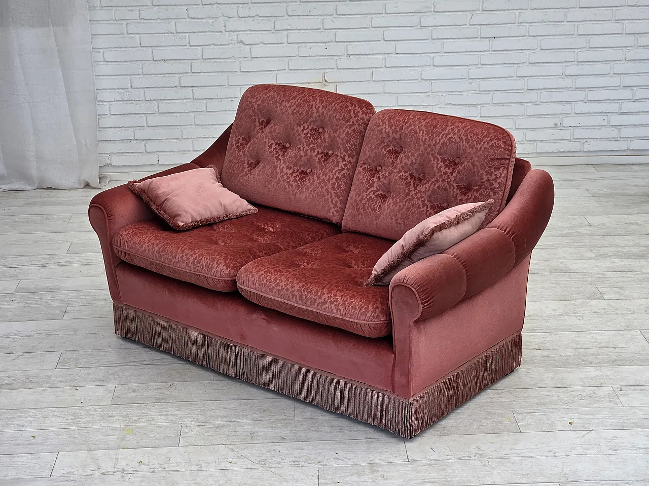 Anni '80, divano scandinavo a 2 posti, mobili in velluto rosa. 16