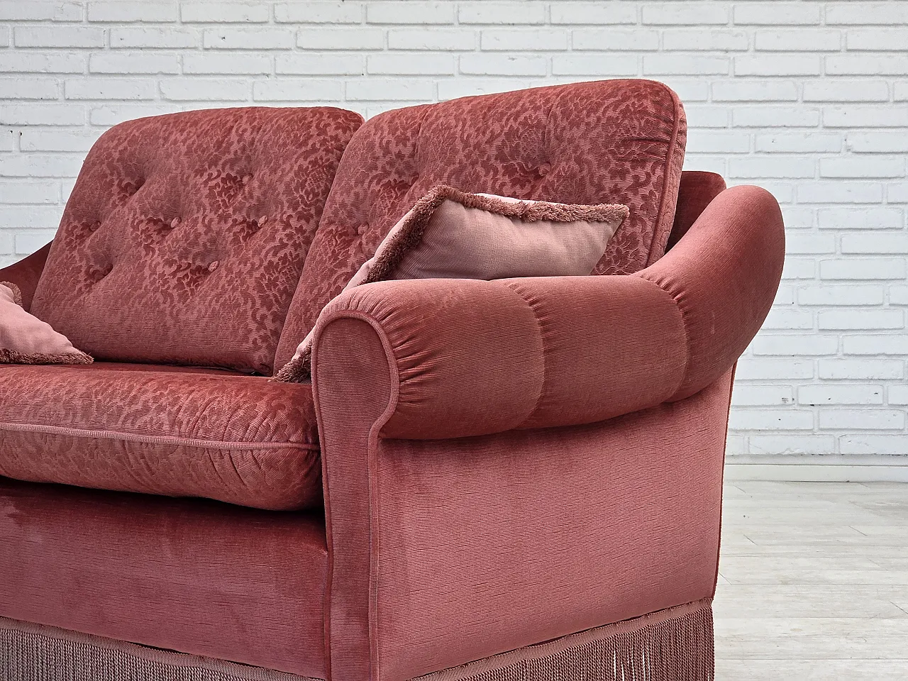 Anni '80, divano scandinavo a 2 posti, mobili in velluto rosa. 19