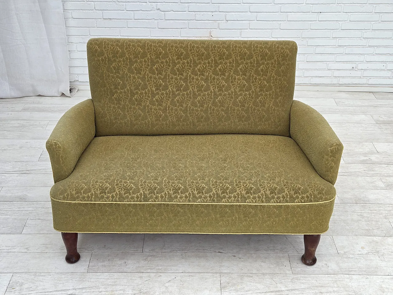 Anni '50, divano danese a 2 posti, tessuto di lana verde per arredamento. 2