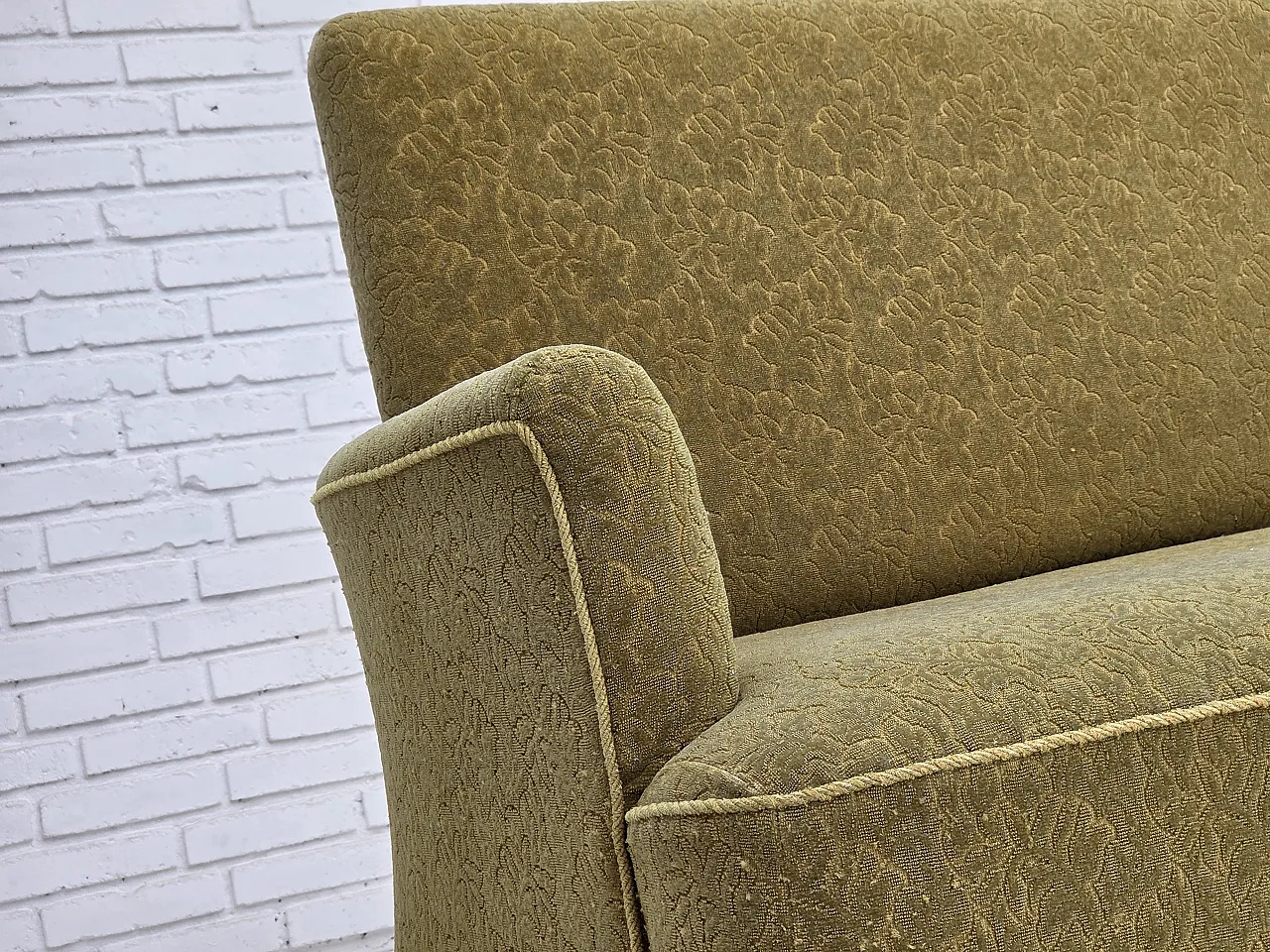 Anni '50, divano danese a 2 posti, tessuto di lana verde per arredamento. 4