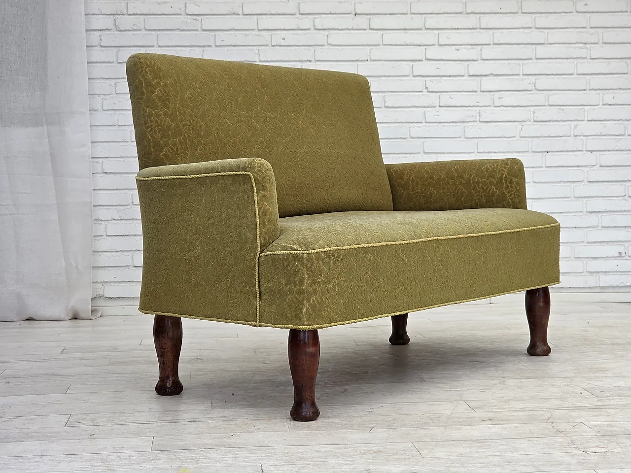 Anni '50, divano danese a 2 posti, tessuto di lana verde per arredamento. 6