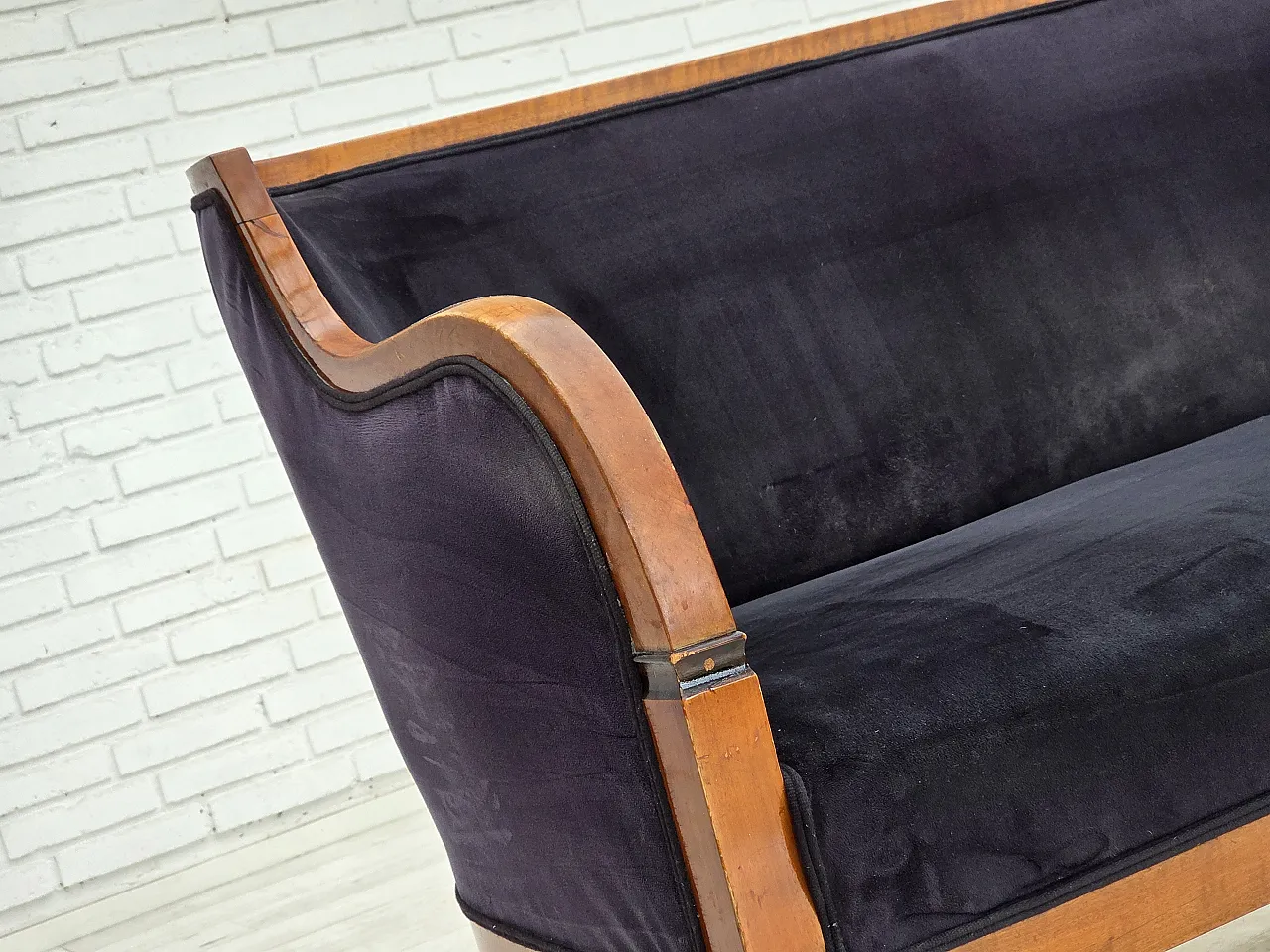 Anni '50, divano danese a 2 posti art deco, legno di frassino, mobili in velluto. 3