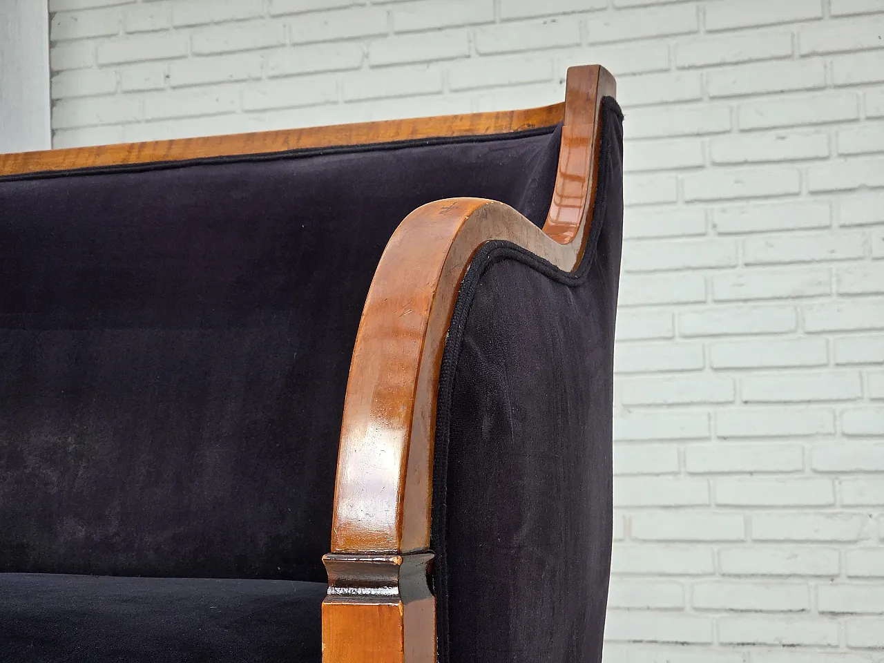 Anni '50, divano danese a 2 posti art deco, legno di frassino, mobili in velluto. 4
