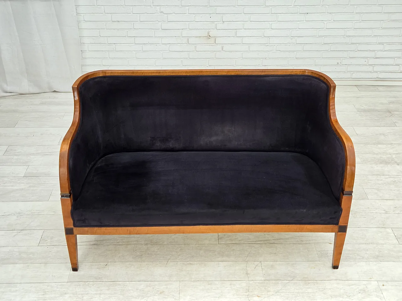 Anni '50, divano danese a 2 posti art deco, legno di frassino, mobili in velluto. 6