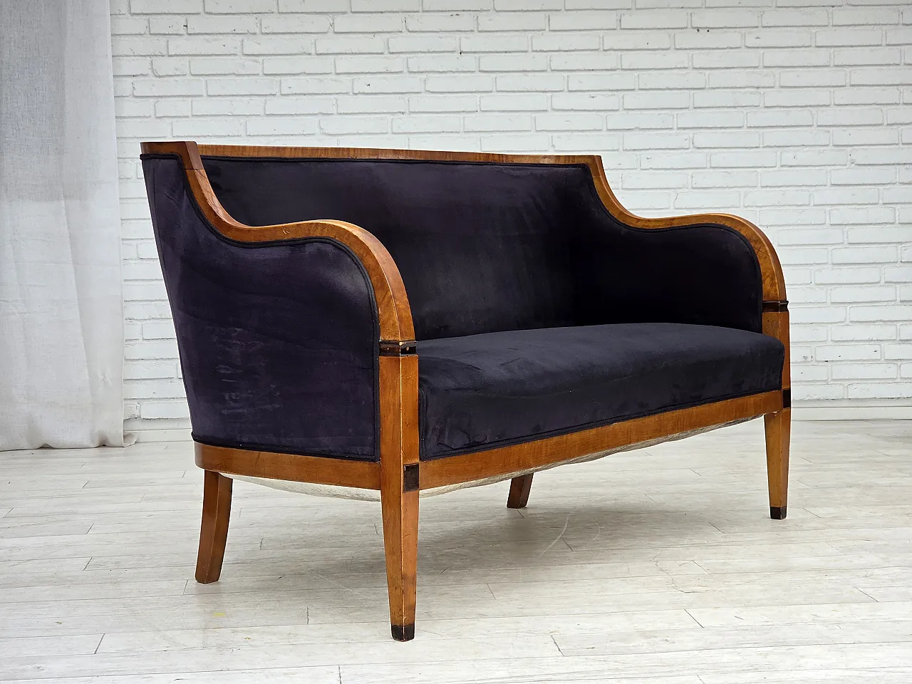 Anni '50, divano danese a 2 posti art deco, legno di frassino, mobili in velluto. 7