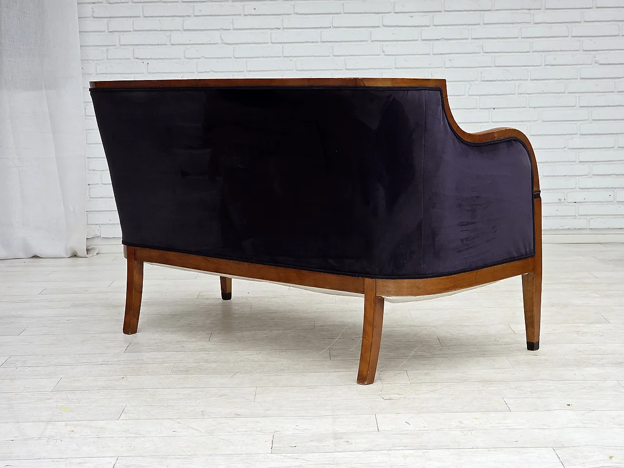 Anni '50, divano danese a 2 posti art deco, legno di frassino, mobili in velluto. 9