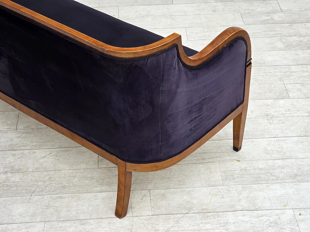 Anni '50, divano danese a 2 posti art deco, legno di frassino, mobili in velluto. 10