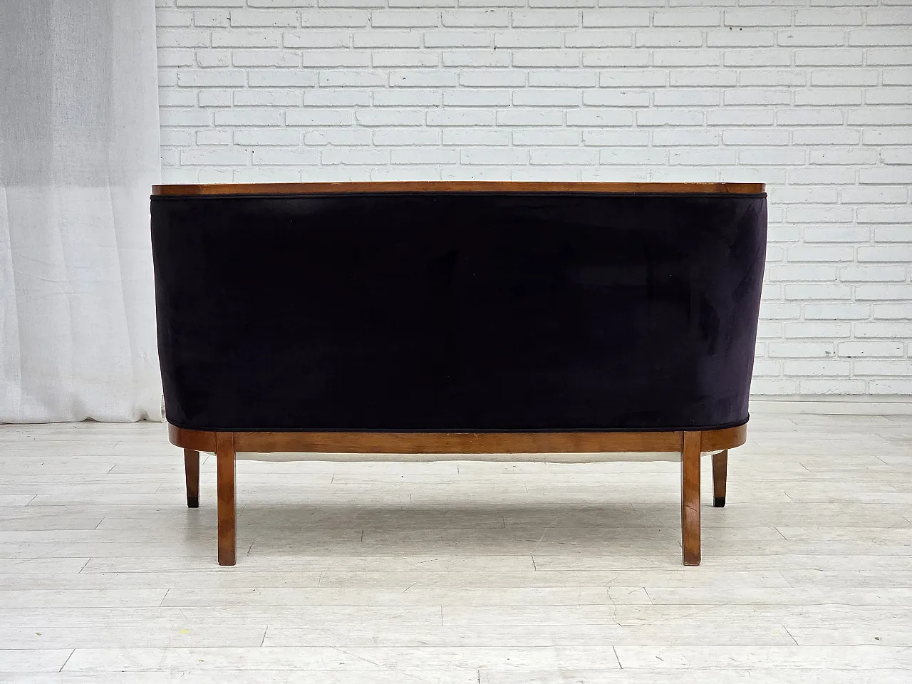 Anni '50, divano danese a 2 posti art deco, legno di frassino, mobili in velluto. 12