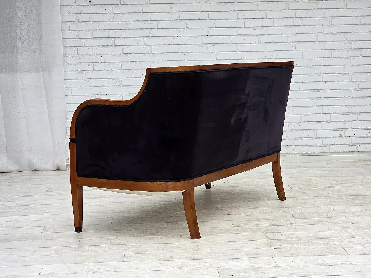 Anni '50, divano danese a 2 posti art deco, legno di frassino, mobili in velluto. 14