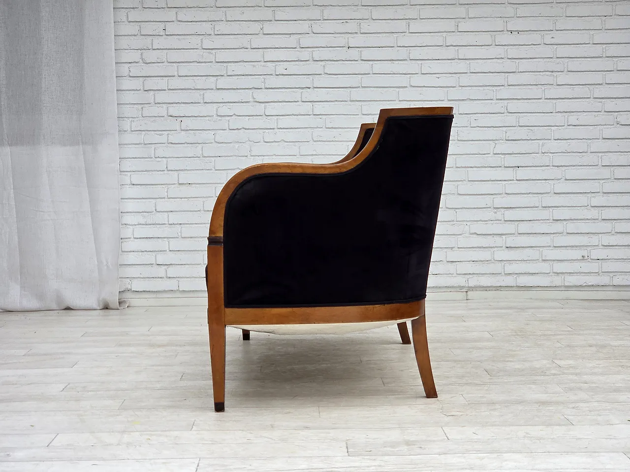 Anni '50, divano danese a 2 posti art deco, legno di frassino, mobili in velluto. 15