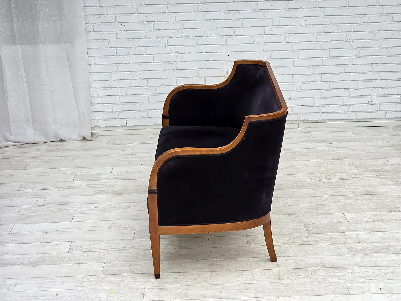 Anni '50, divano danese a 2 posti art deco, legno di frassino, mobili in velluto. 16