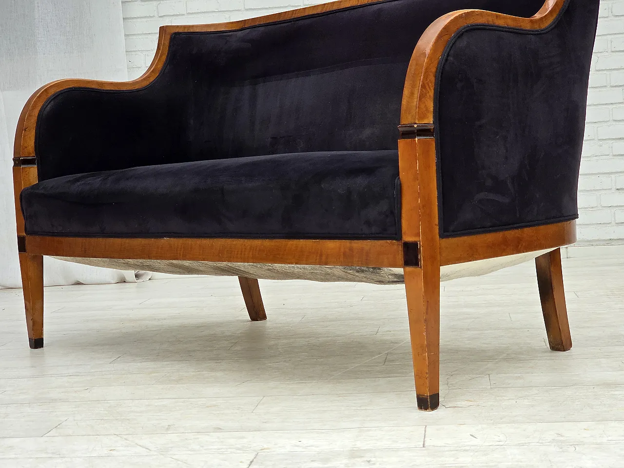 Anni '50, divano danese a 2 posti art deco, legno di frassino, mobili in velluto. 18