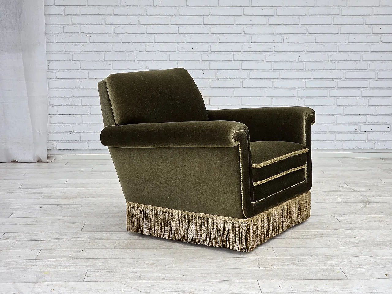 Poltrona danese anni '70, arredamento originale in velluto verde. 2